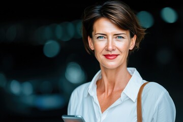 Woman holding a phone stands in a dimly lit space during a social gathering in the evening