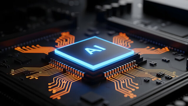 Glowing AI microchip on circuit board with orange pathways - Powered by Adobe