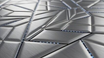 Obraz premium AI Metal Background with Futuristic Polygonal Surface Blue LED Lines and Brushed Texture