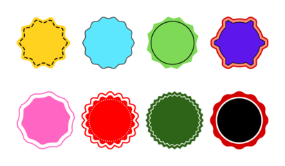 Set of 8 Wavy Edge Round Colorful Badges Vector