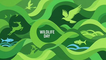 Wildlife day illustration with animals and green ribbon design for conservation and awareness campaign