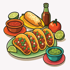 Print  Traditional Mexican Cuisine Featuring Tacos and Vibrant Street Food Vector Art isolated white background