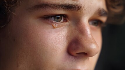 Fototapeta premium Close up of a young person s eye with a tear rolling down their cheek showing deep sadness