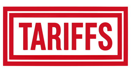 Red capital letters spell TARIFFS framed by a red double border on a black background creating a graphic representing economic and trade policy