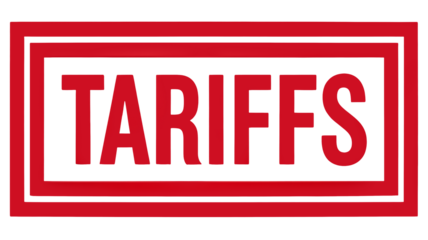 Red capital letters spell TARIFFS framed by a red double border on a black background creating a graphic representing economic and trade policy