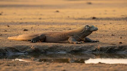 Large reptile, Komodo dragon, rests on golden sand near water