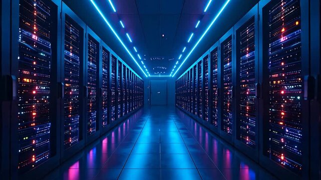 A neon lit server room shows rows of data racks and reflective floors, a gateway to a data center