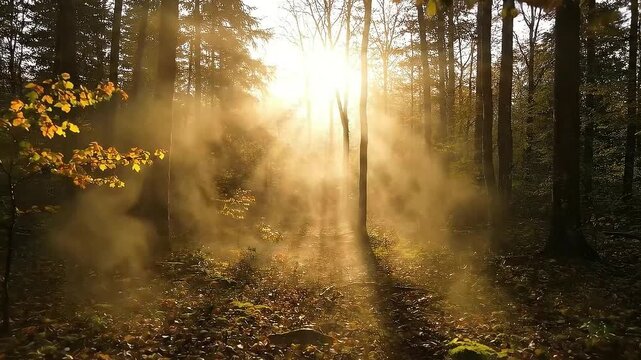 A forest scene is illuminated by sunbeams. Dust motes dance in the light. Fall leaves cover the ground