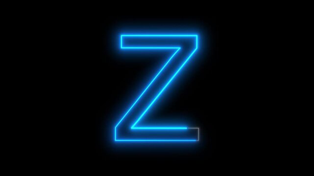 Glowing neon Blue English letter Z animation on a black background. Modern neon typography perfect for logo reveals, titles, intros, education, branding, motion graphics, and futuristic designs.