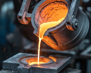 Glowing orange molten metal pours from a large industrial crucible into a mold. Sparks fly into the air as the liquid gold substance flows with intense heat. 