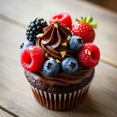 Decadent Chocolate Cupcake Topped with Rich Cocoa Frosting Fresh Raspberries Blueberries and Edible Gold Leaf