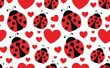 Seamless cute ladybug and red heart repeating pattern vector design for Valentine love backgrounds and decorative textiles © Kharshad Creative