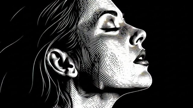 Woman looks up with closed eyes and open mouth in profile