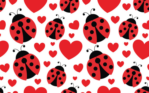 Seamless cute ladybug and red heart repeating pattern vector design for Valentine love backgrounds and decorative textiles