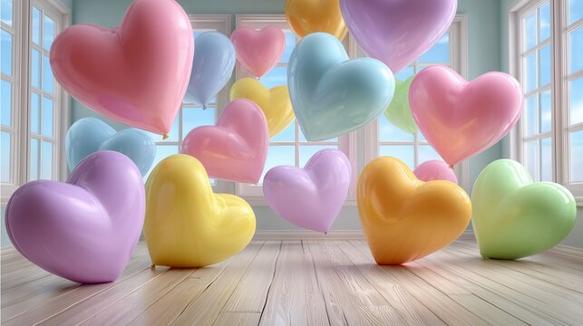 Minimalistic sweet balloons with Modern Valentine heart balloons, Valentine heart balloons minimalist interior, Valentine heart balloons romantic copy space background - Powered by Adobe