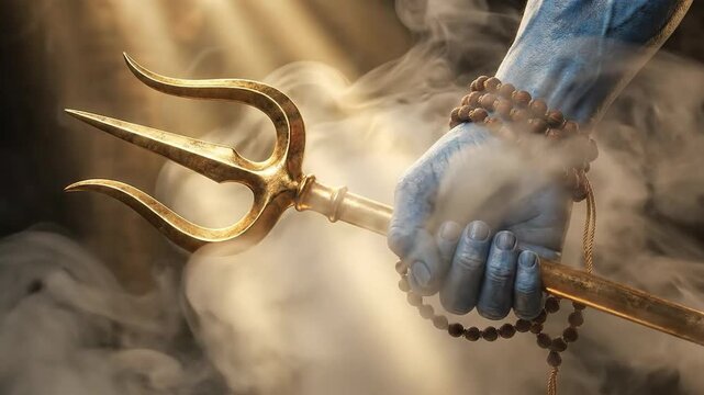 Close-up of shiva's blue hand wielding the golden trident in dramatic light for shivaratri.