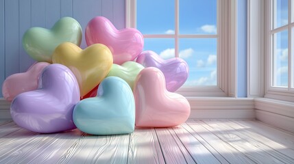 Minimalistic sweet balloons with Modern Valentine heart balloons, Valentine heart balloons minimalist interior, Valentine heart balloons romantic copy space background