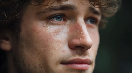 Close up portrait of a young man s face with tears and sweat reflecting intense emotion and vulnerability