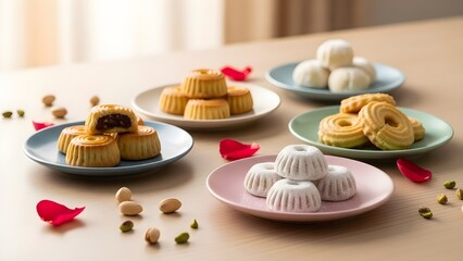 Assorted traditional Asian pastries on colorful plates with nuts and petals