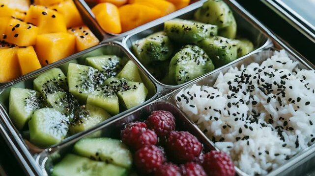 selective focus modern bento-style lunchbox with neatly separated compartments
