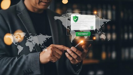 Man using smartphone for secure online payment with global transaction interface