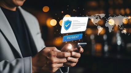 Man using smartphone for secure online payment with global transaction interface