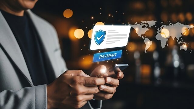 Man using smartphone for secure online payment with global transaction interface - Powered by Adobe