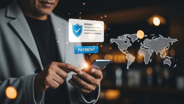 Man using smartphone for secure online payment with global transaction interface - Powered by Adobe