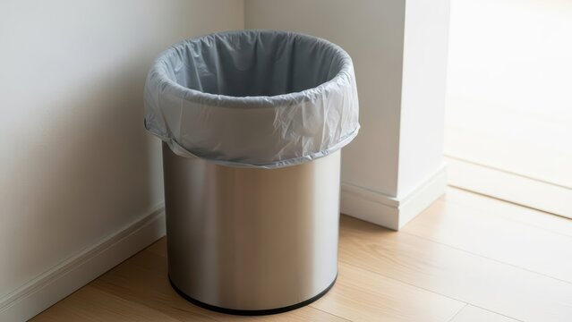 Stainless steel trash bin in sunlit corner on hardwood floor with gray plastic liner
