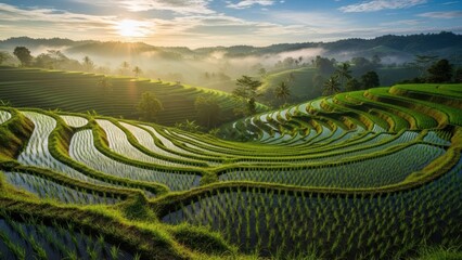 Fototapeta premium Lush green rice terraces at dawn, bathed in sunlight