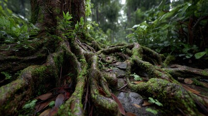 Fototapeta premium Close up of moss covered tree roots in a lush green forest environment