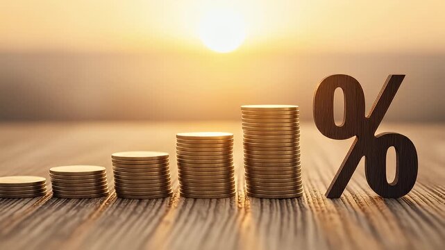 Increasing stacks of coins with a percentage sign at sunset symbolizing financial growth and interest rates.