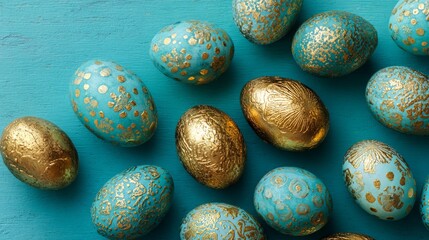 Festive easter flat lay with golden painted eggs arranged on turquoise table, top view holiday decoration background with spring celebration theme