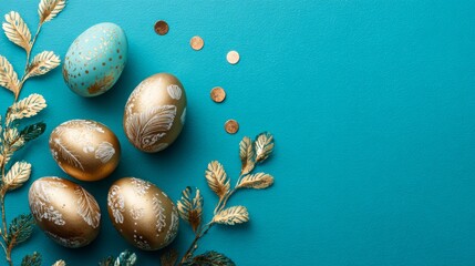 Festive easter flat lay with golden painted eggs arranged on turquoise table, top view holiday decoration background with spring celebration theme