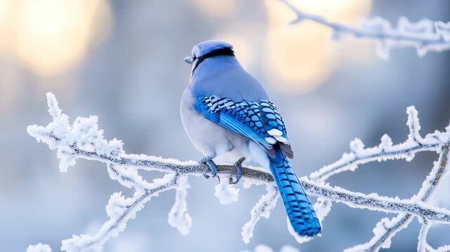 Vibrant blue jay perched on frosty branch against soft bokeh background