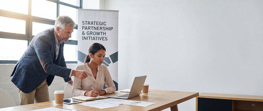 Two professional business people working together. Partners mature man and woman discussing project in office. Team leader explain trainee working process using tablet pc computer. Banner, copy space