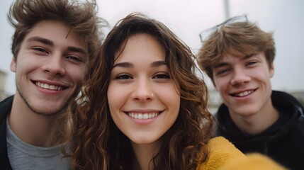Fototapeta premium Three young friends smiling happily while taking a selfie outdoors on a cloudy day