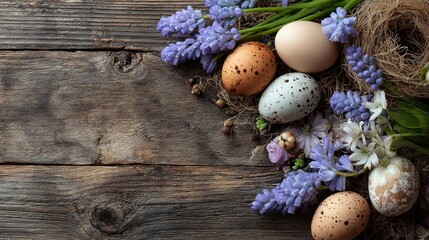 Colorful easter eggs and spring flowers on a festive background celebrating happy easter holiday greetings