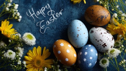 Colorful easter eggs and spring flowers on a festive background celebrating happy easter holiday greetings