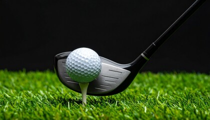 Golfing precision A close-up of a golf ball and club poised on a tee amidst lush green grass