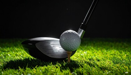 Close-up of a golf club and ball on a tee, dramatic lighting on green grass