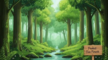 Serene forest landscape with stream and protect our forests sign eco friendly concept with lush greenery and tall trees
