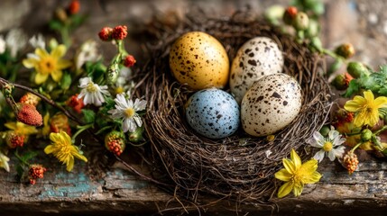 Happy easter concept with colorful decorated eggs in a nest surrounded by spring flowers, festive holiday background with seasonal decoration and cheerful springtime vibes