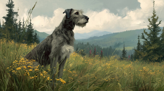 Faithful Irish wolfhound sitting proudly in a bright meadow with mountains in the background
