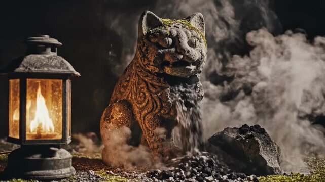 Stone cat statue with water splashing at night with lantern