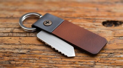 Compact multi tool keychain on wood