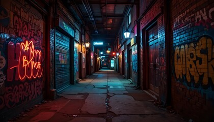 Neon-lit empty urban alleyway with graffiti walls evoking mystery, solitude, and underground city nightlife atmosphere
