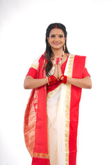 Fototapeta premium Young women celebrating durga pooja,Bengali Indian women 