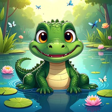 Cute cartoon alligator smiles in a lily pond, butterflies flit around