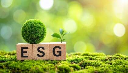 Environmental Social and Governance ESG Concept with Green Moss Sphere and Wooden Blocks on Natural Mossy Ground in Sunlight